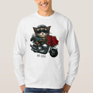 T-shirt Chat équitation moto roses rouges fleurs mon amour