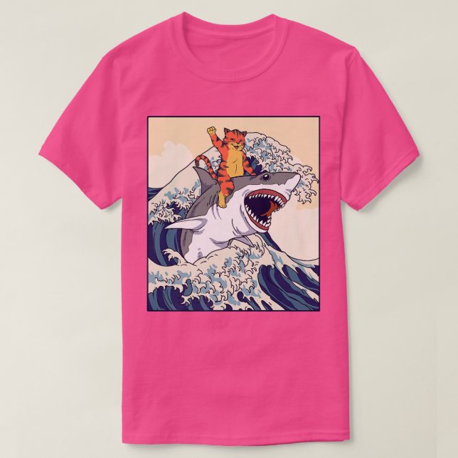T-shirt Chat équitation requin japonais vague (Design devant)