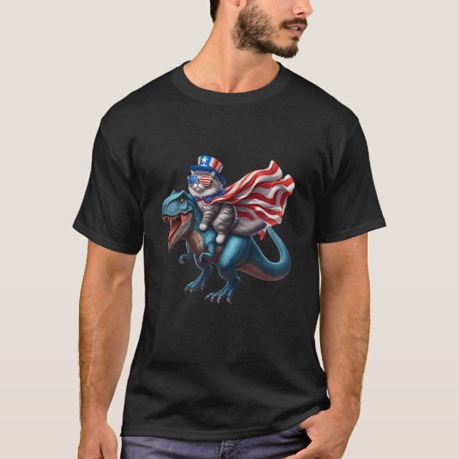 T-shirt Chat équitation T rex Dinosaur drapeau américain P (Devant)