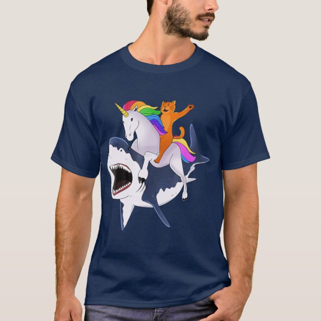 T-shirt Chat équitation Unicorn équitation Requin Cadeau (Devant)