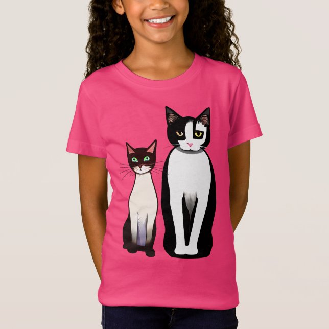 T-Shirt Chat et chaton noir et blanc rétro moderne (Devant)