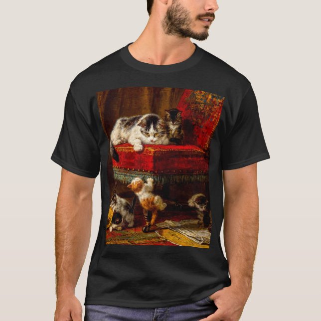 T-shirt Chat et chatons Jouer avec chaise (Devant)