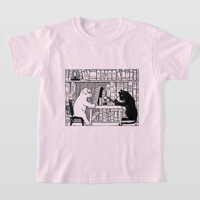 T-shirt Chat et chien dans la bibliothèque (Poser)