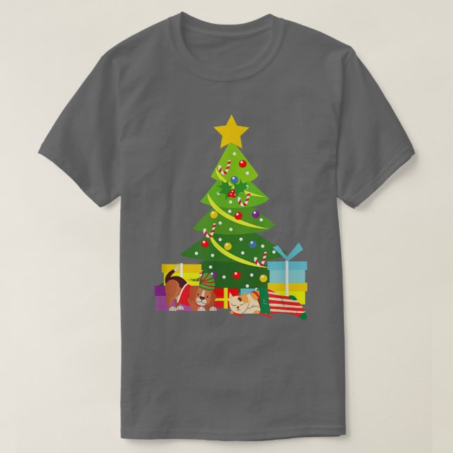 T-shirt Chat et chien de Noël sous l'arbre de Noël (Design devant)