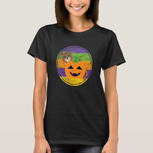 T-shirt Chat et citrouille découpés graphisme d'Halloween (Devant)