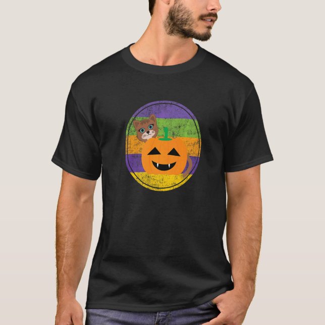 T-shirt Chat et citrouille découpés graphisme d'Halloween (Devant)