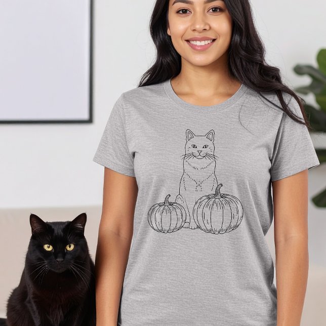 T-shirt Chat Et Citrouille Ligne Minimale Art Joli Hallowe (Disclaimer: This image is a digital mockup.)