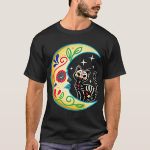 T-shirt Chat et Lune Sugar Skull Dia de Los Muertos
