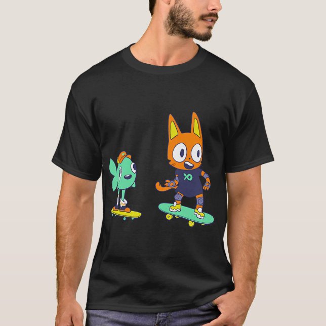 T-shirt Chat et Poisson en Planche à Roulettes (Devant)