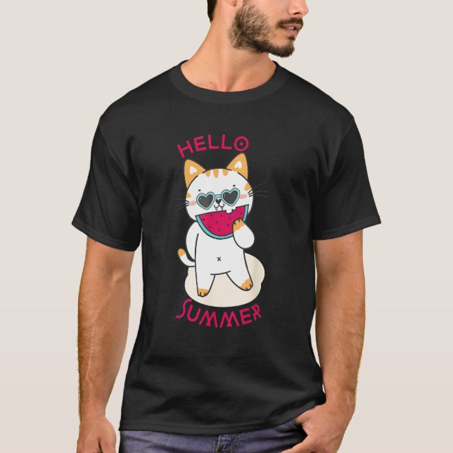 T-shirt Chat Été Mignon Pastèque Fruit Tropical Bonjour Su (Devant)
