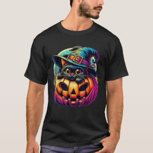T-shirt Chat extra mignon noir avec sorcière Casquette Cit