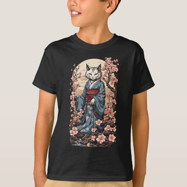 T-shirt Chat Fantôme Avec Kimono Japonais Yokai Folklore D (Devant)