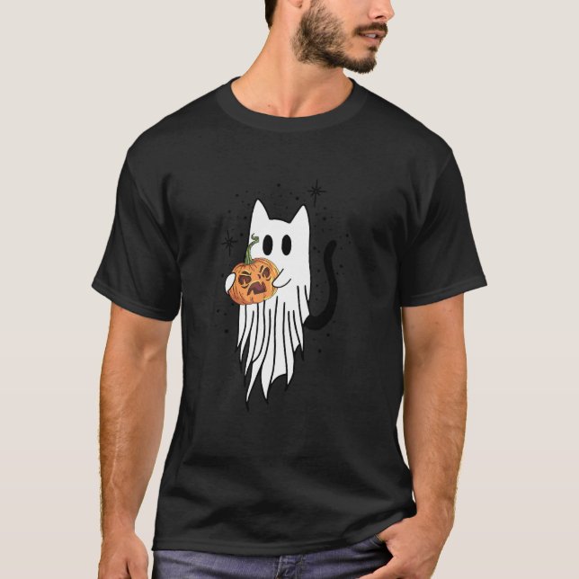 T-shirt Chat Fantôme Citrouille Style Halloween Pour Chat (Devant)