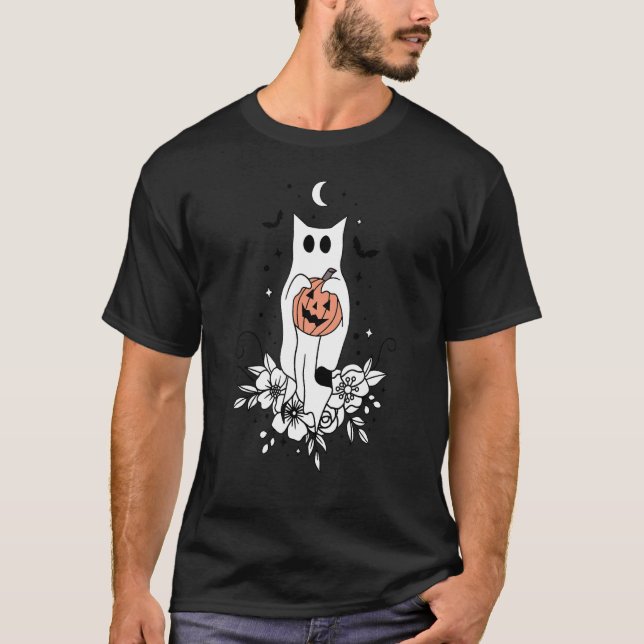 T-shirt Chat fantôme floral Halloween (Devant)