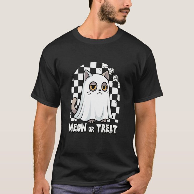 T-shirt Chat fantôme grincheux ronronner ou traiter Hallow (Devant)