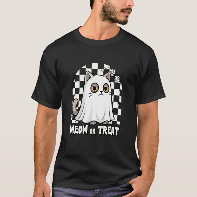 T-shirt Chat fantôme grincheux ronronner ou traiter Hallow (Devant)
