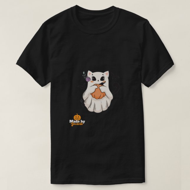 T-shirt Chat Fantôme mignon avec Citrouille | Éffrayant Ha (Design devant)