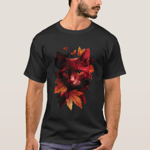 T-shirt Chat Feuilles d'automne tombent Nature Foncé Rouge