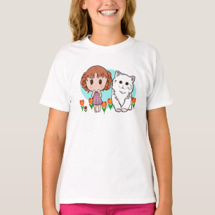 T-shirt chat, fille et tulipes