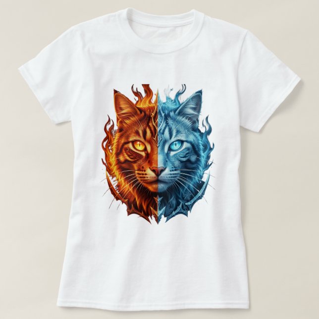 T-shirt Chat Fire et Glace – Visage Félin Élémental Divisé (Design devant)