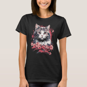 T-shirt Chat Fleur de Cerisier Art Japonais Conception Amo
