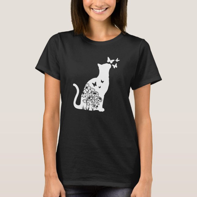 T-shirt Chat Fleur de papillon Fleurs Femmes Filles Chat M (Devant)