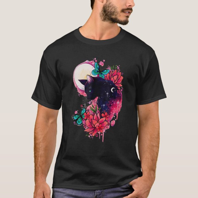 T-shirt Chat Fleur Papillons Lune de Minuit (Devant)