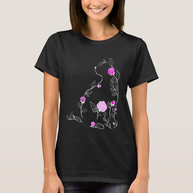 T-shirt Chat Fleur Rose Graphique Rose (Devant)