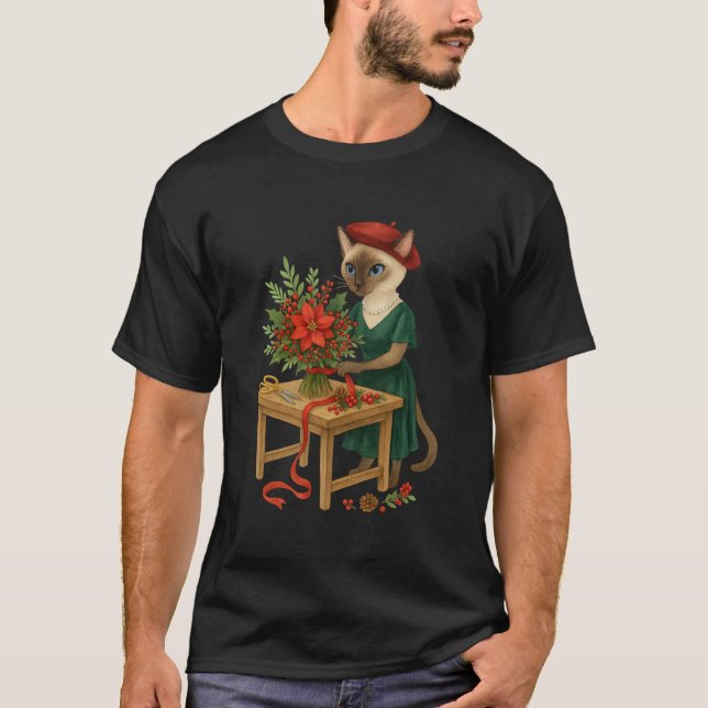 T-shirt Chat fleuriste arranger des fleurs pour Noël (Devant)