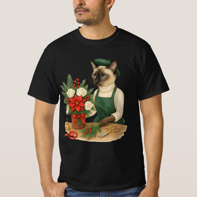 T-shirt Chat fleuriste arranger des fleurs pour Noël (Devant)