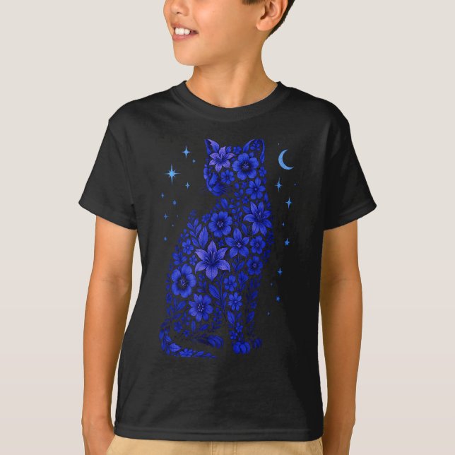 T-shirt Chat Fleurs Lune Étoiles  (Devant)