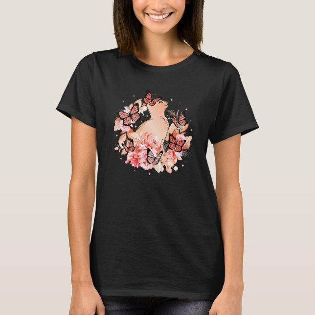T-shirt Chat Fleurs Papillons Chat (Devant)