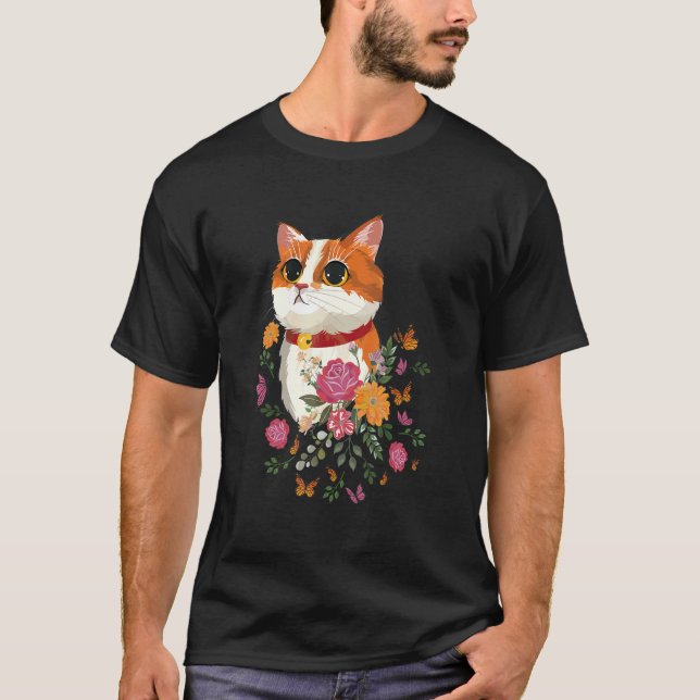 T-shirt Chat Fleurs Papillons Chat (Devant)