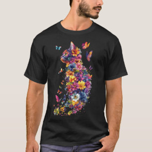 T-shirt Chat floral coloré – Art papillon aquarelle