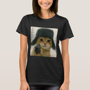 T-shirt Chat Fou Portant un Chapeau Ushanka Mème Russe Hum