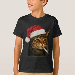 T-shirt Chat Fumant Cigarette Noël Chapeau Santa Chat Meme