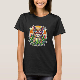 T-shirt Chat Fumeur de Weed Rétro Coucher de Soleil