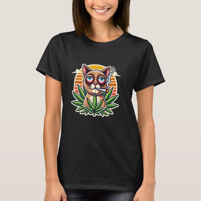 T-shirt Chat Fumeur de Weed Rétro Coucher de Soleil (Devant)