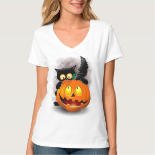 T-shirt Chat Fun Halloween Caractère mordant un Citrouille