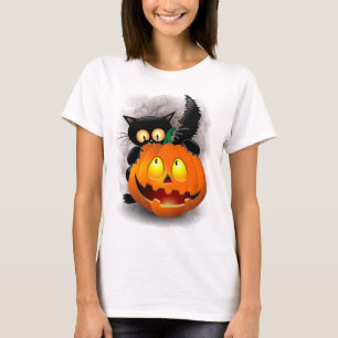 T-shirt Chat Fun Halloween Caractère mordant un Citrouille
