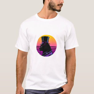 T-shirt Chat Gentilhomme Rétro Synthwave avec Haut-de-Form