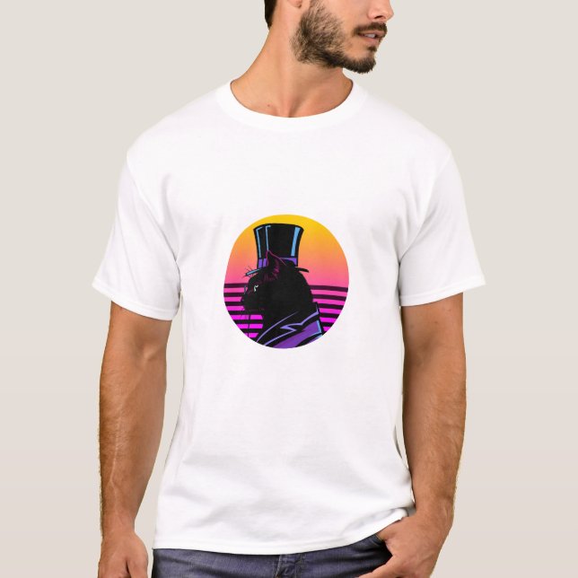 T-shirt Chat Gentilhomme Rétro Synthwave avec Haut-de-Form (Devant)