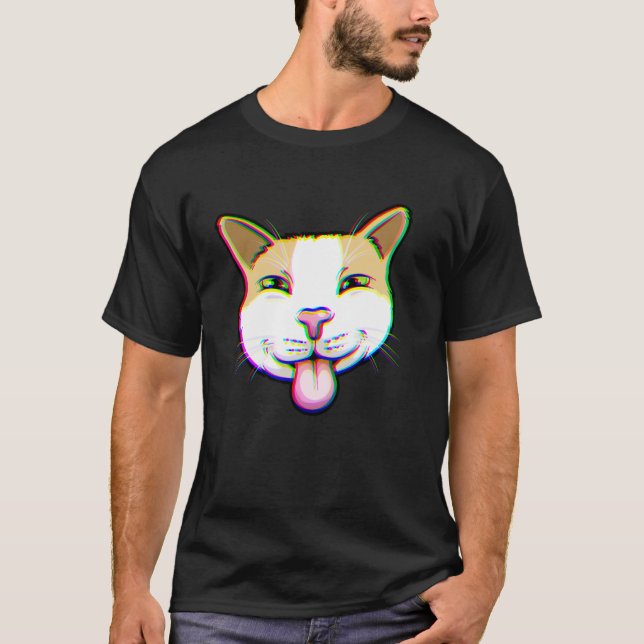 T-shirt Chat Glitch Langue Sortie Drôle Trippy Mème Art (Devant)