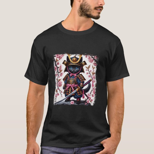 T-shirt Chat graphique de samouraï Kitty Guerrier Japonais (Devant)