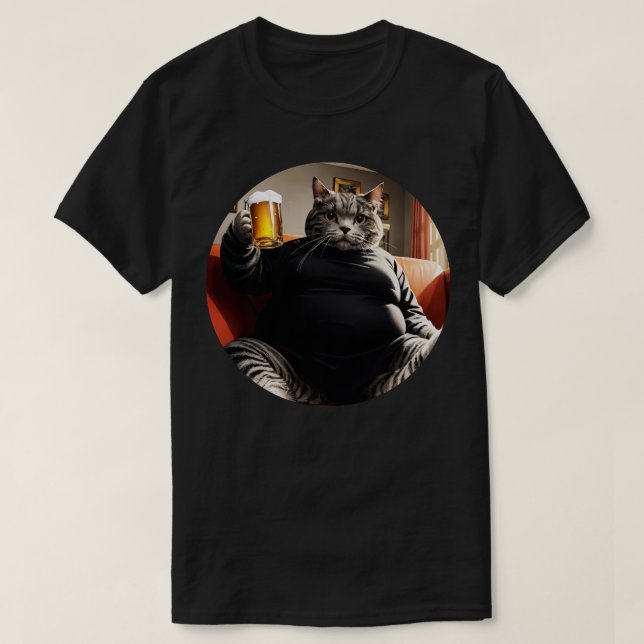 T-shirt Chat gras avec verre de bière (Design devant)