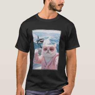 T-shirt Chat gras sur un bateau à voile avec requin drôle 