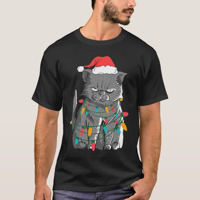 T-shirt chat grincheux de Noël en costume de pull moche (Devant)