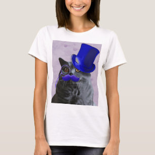 T-shirt Chat gris avec chapeau bleu et moustache