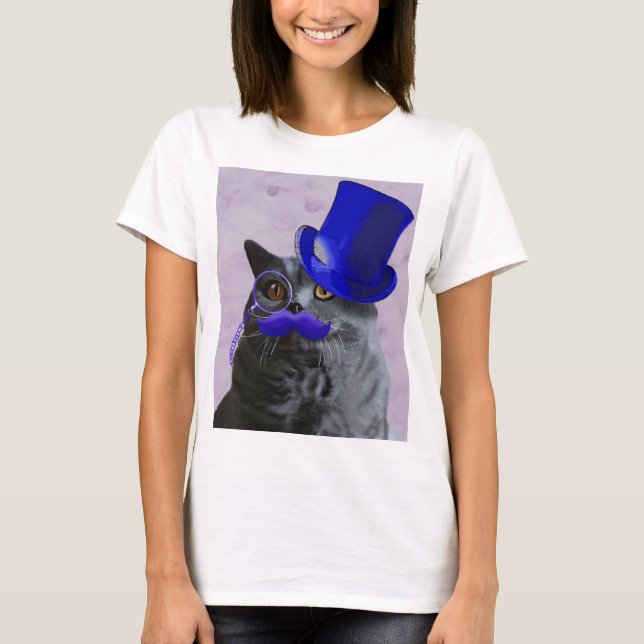 T-shirt Chat gris avec chapeau bleu et moustache (Devant)