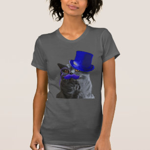 T-shirt Chat gris avec chapeau bleu et moustache bleue